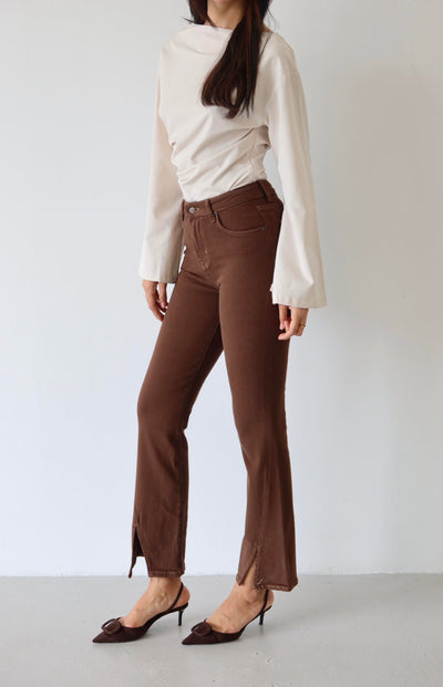 High-waisted Cropped Detail Coffee Jean Pants