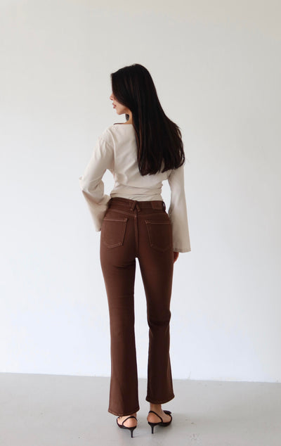 High-waisted Cropped Detail Coffee Jean Pants