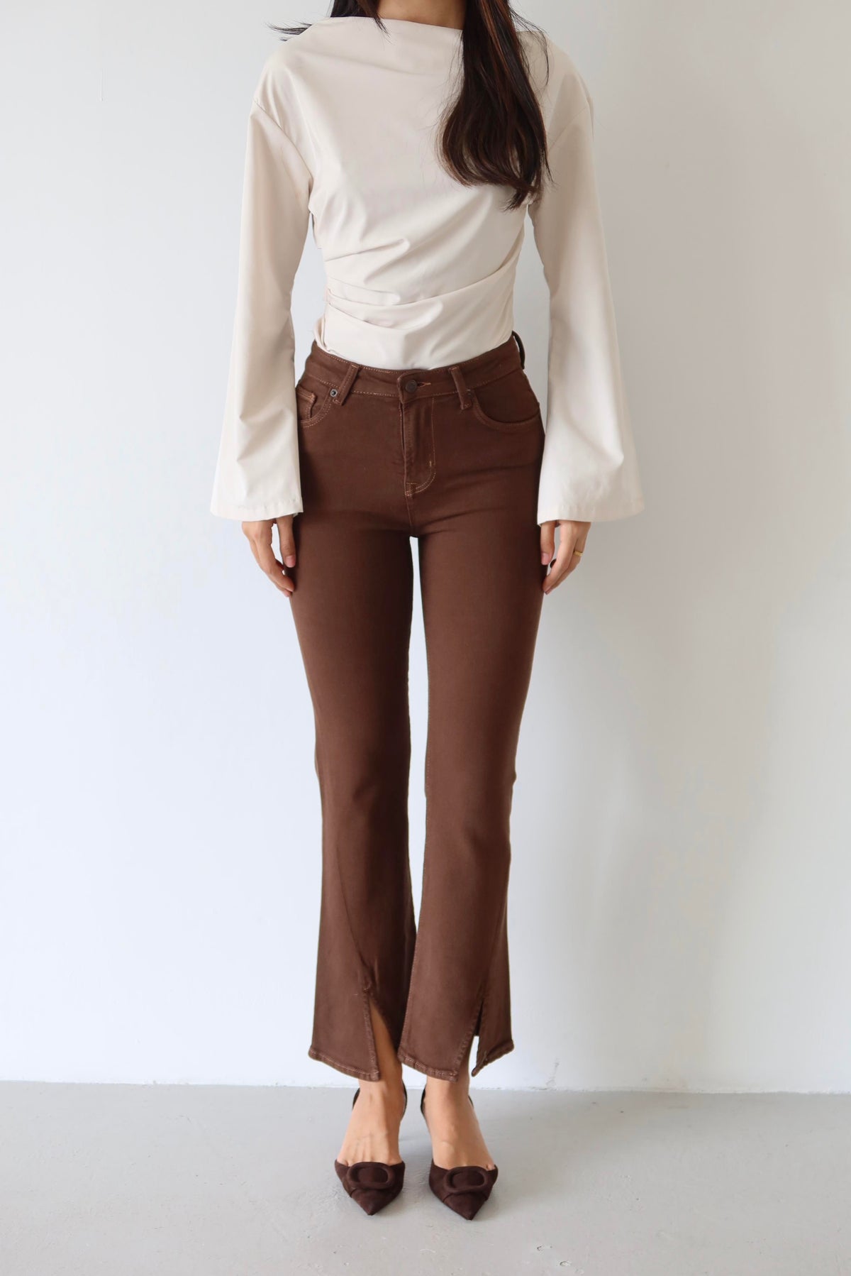 High-waisted Cropped Detail Coffee Jean Pants