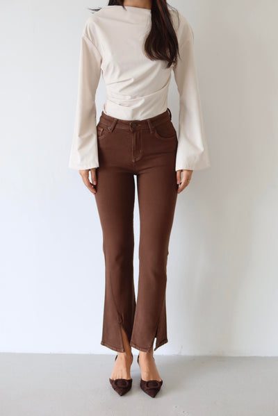 High-waisted Cropped Detail Coffee Jean Pants
