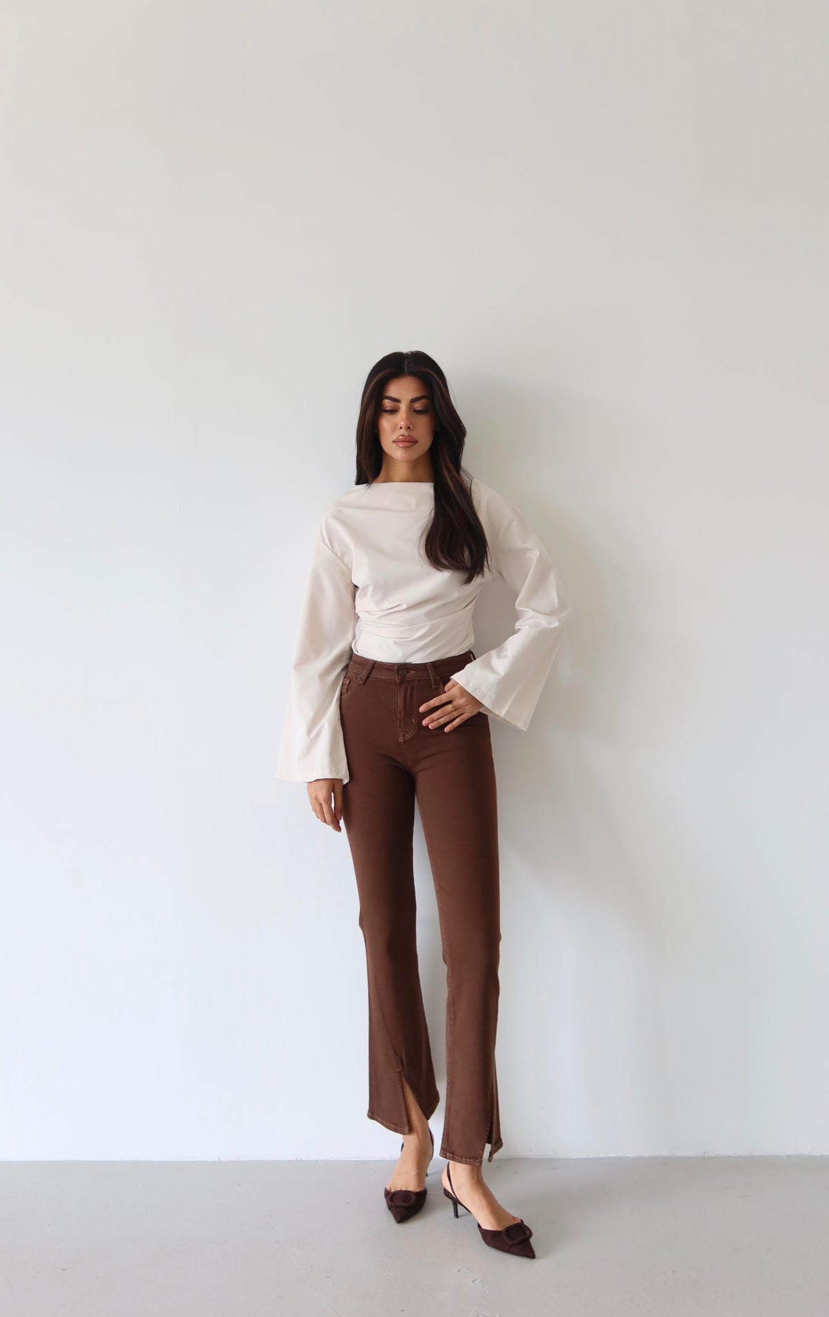 High-waisted Cropped Detail Coffee Jean Pants