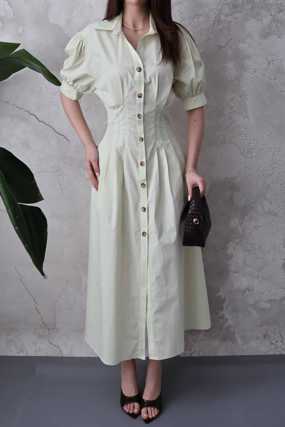 Mint Pileli Poplin Elbise
