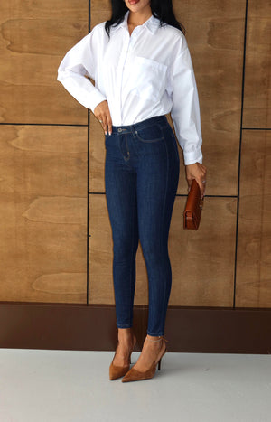 Blugi albastru închis, elastici, cu talie înaltă, slim fit