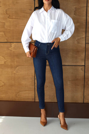 Blugi albastru închis, elastici, cu talie înaltă, slim fit