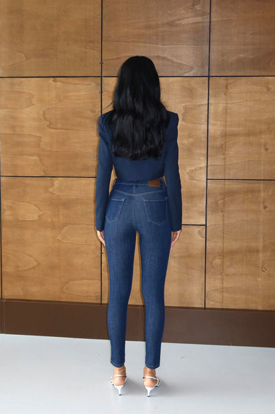 Yüksek Bel Dar Paça Dark Blue Trok Detaylı  Jean Pantolon