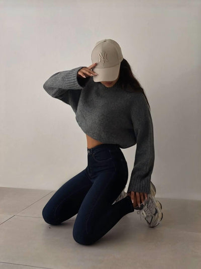 Pantaloni de damă tip țigară, evazați în talie, cu talie înaltă, nuanță Dark Blue