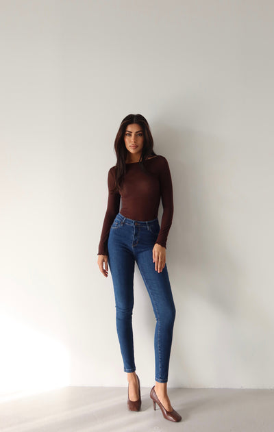 Pantalon Jean Femei Talie Înaltă Cărări Înguste Albastru Închis