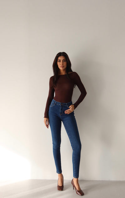 Pantalon Jean Femei Talie Înaltă Cărări Înguste Albastru Închis