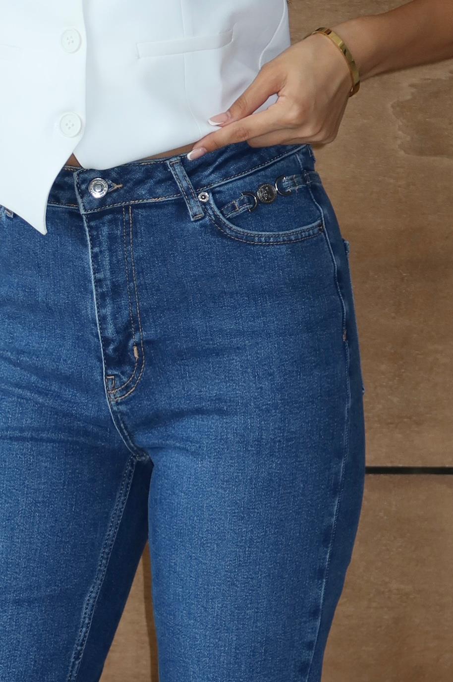 Blugi albaștri cu cataramă, croială clasică, talie înaltă, croială slim, model clasic