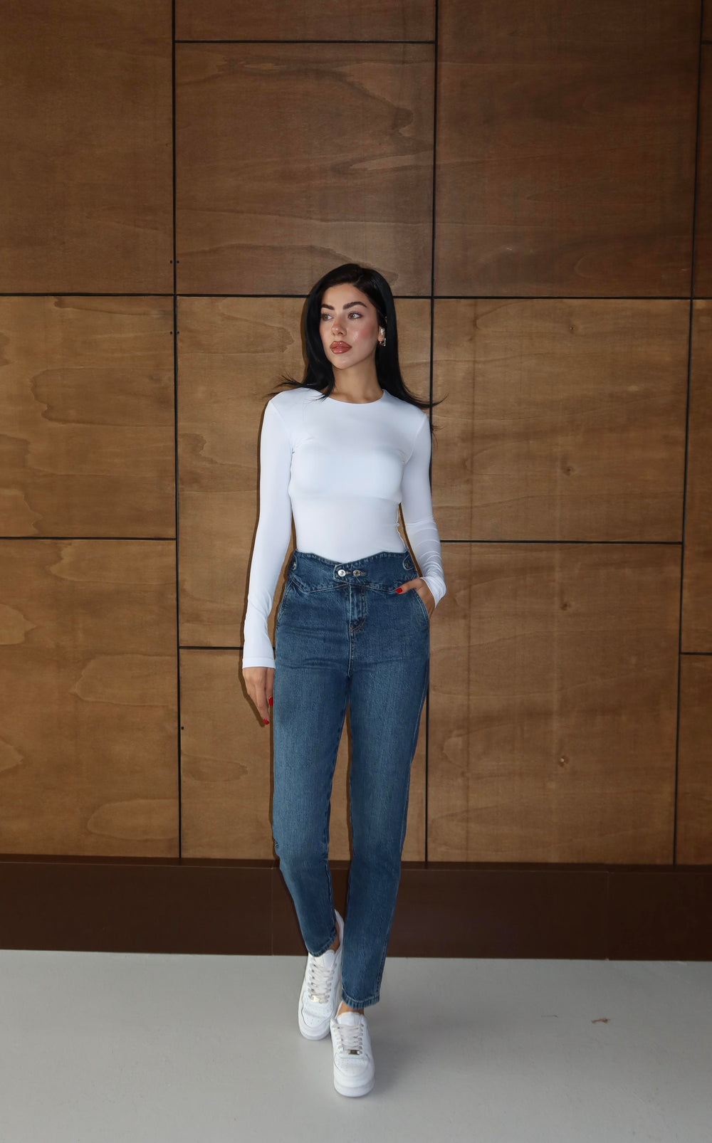 Düğme Detaylı Dark Blue Mom Jean Pantolon