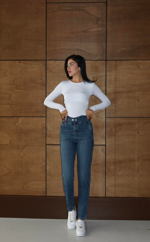 Düğme Detaylı Dark Blue Mom Jean Pantolon