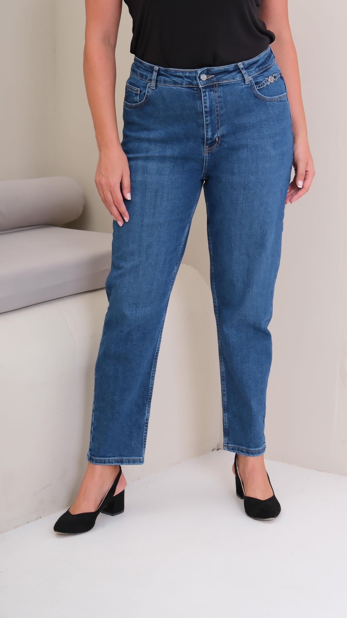 Yüksek Bel Blue Tokalı Mom Jean Pantolon