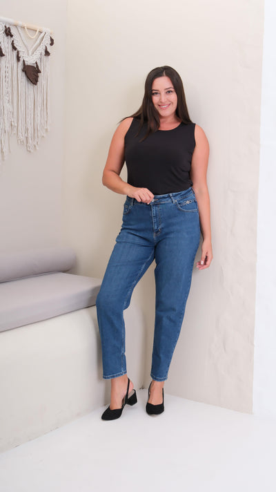 Yüksek Bel Blue Tokalı Mom Jean Pantolon