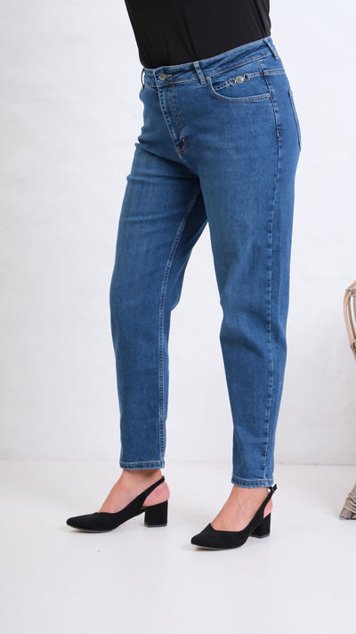 Yüksek Bel Blue Tokalı Mom Jean Pantolon