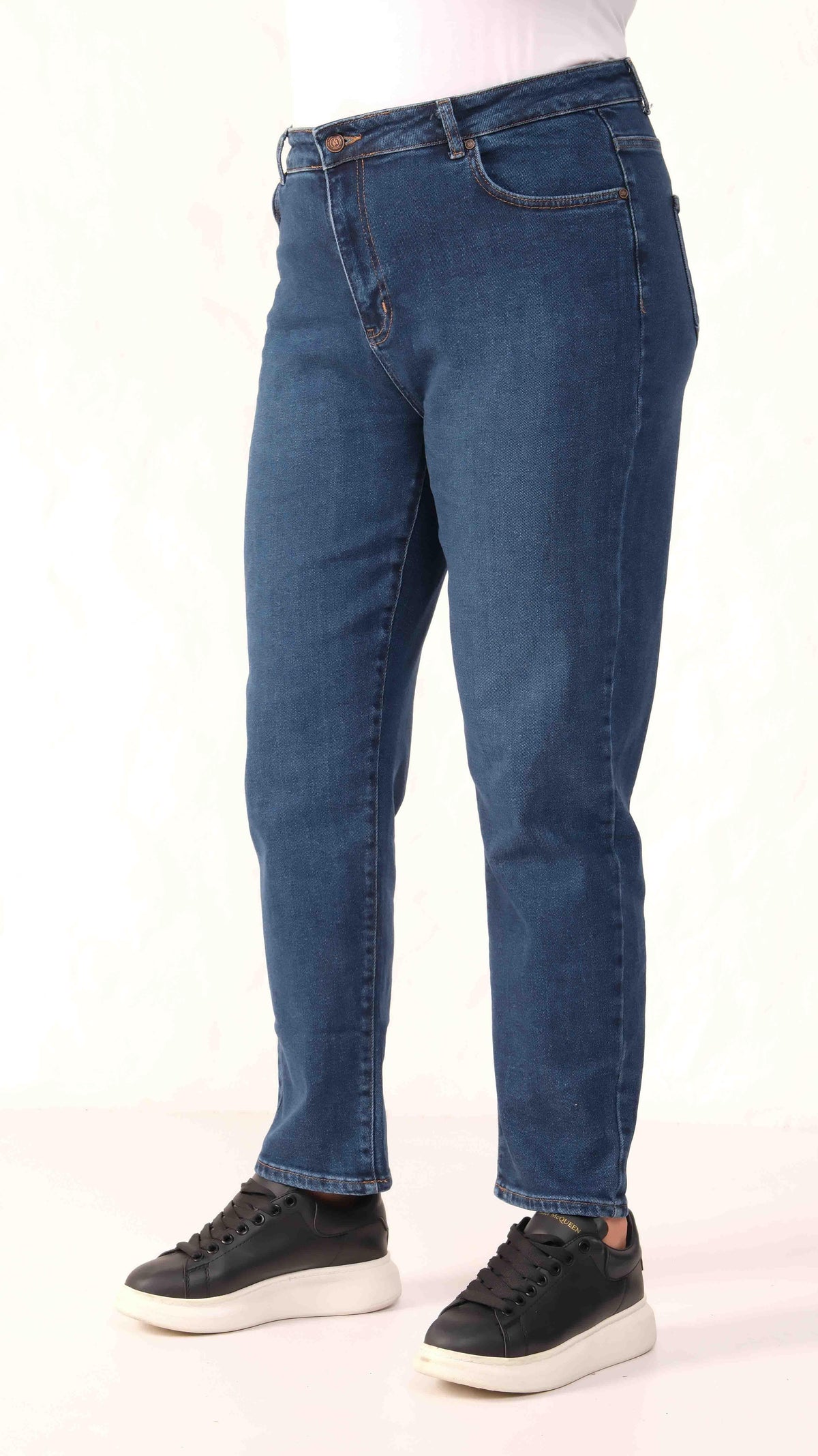 Pantaloni blugi Dark Blue cu talie înaltă, croială conică și măsură mare