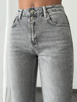 Yüksek Bel Paça Detaylı Açık Gri Mom Fit Jean Pantolon