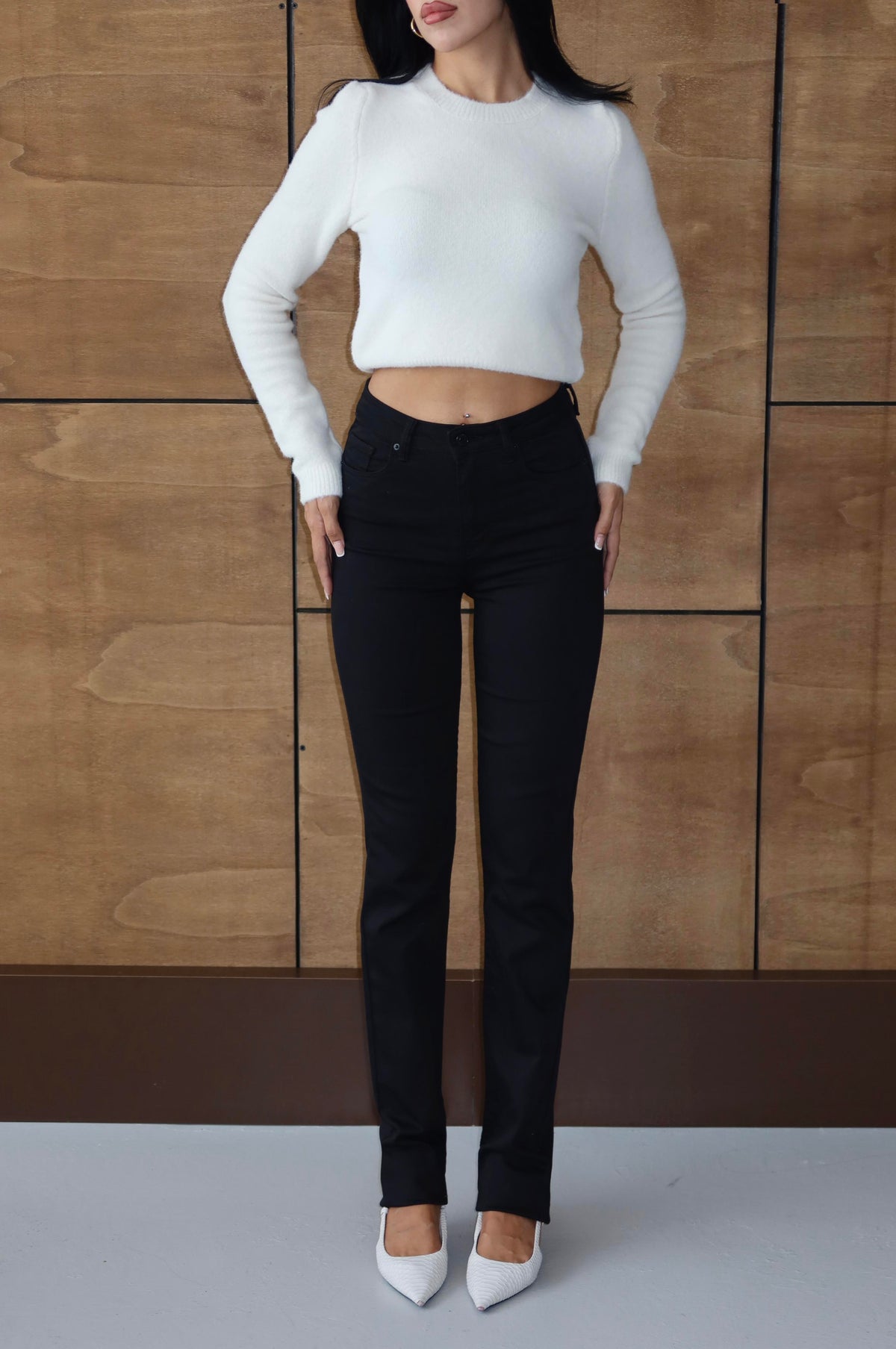 Pantalon Jean Negru Talie Înaltă Cupa Clasică