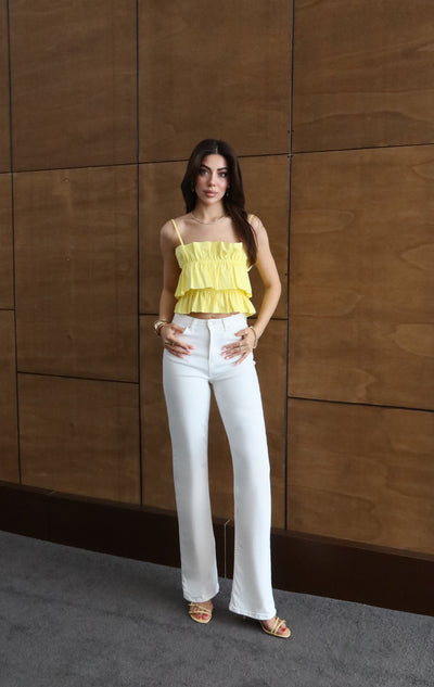 Pantaloni Jean Nita Albi cu Talie Înaltă și Crac Spaniol Mediu