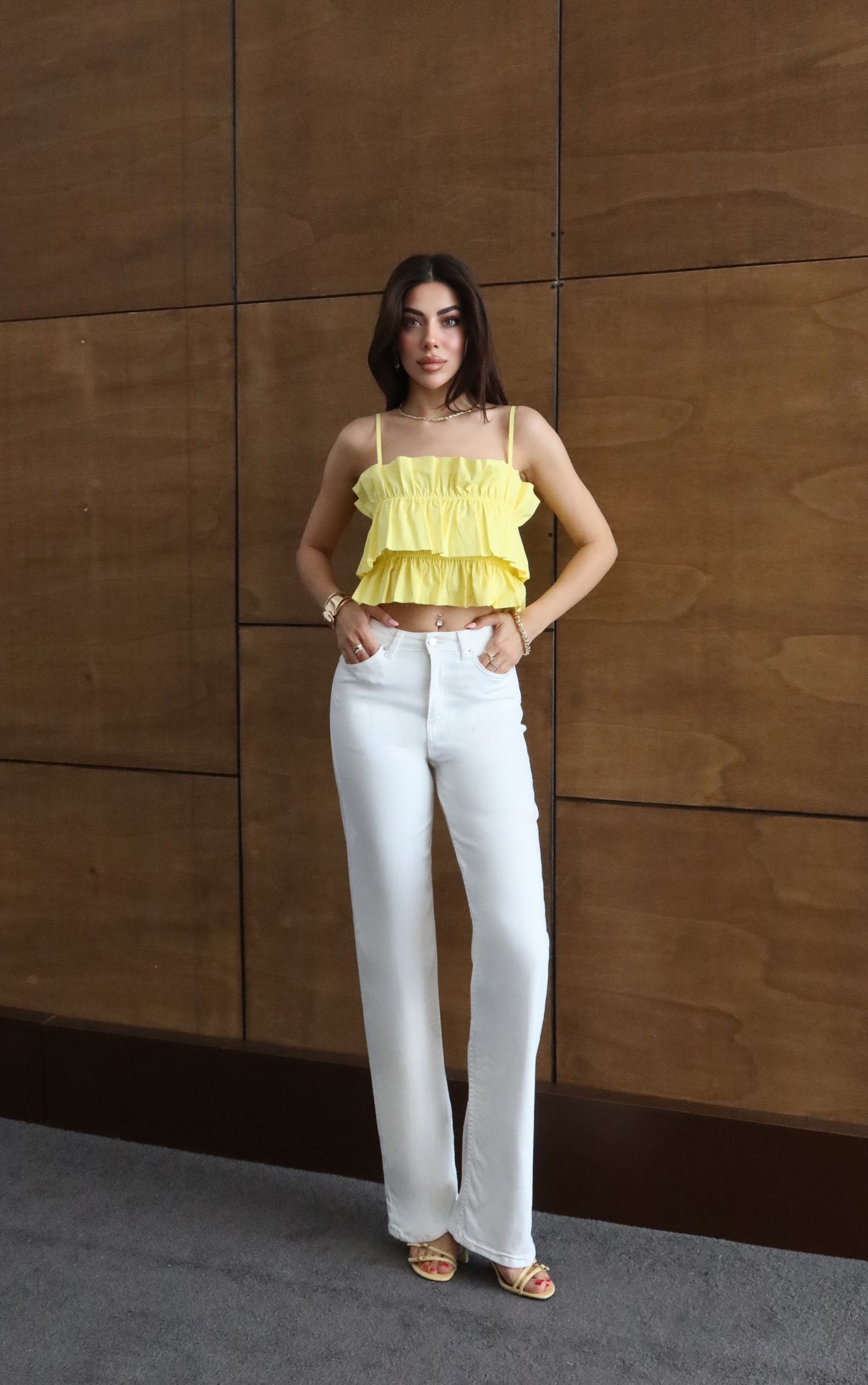 Pantaloni Jean Nita Albi cu Talie Înaltă și Crac Spaniol Mediu