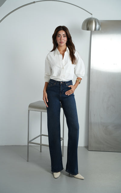 Yüksek Bel bol Paça  Dark Blue Tint Jean Pantolon