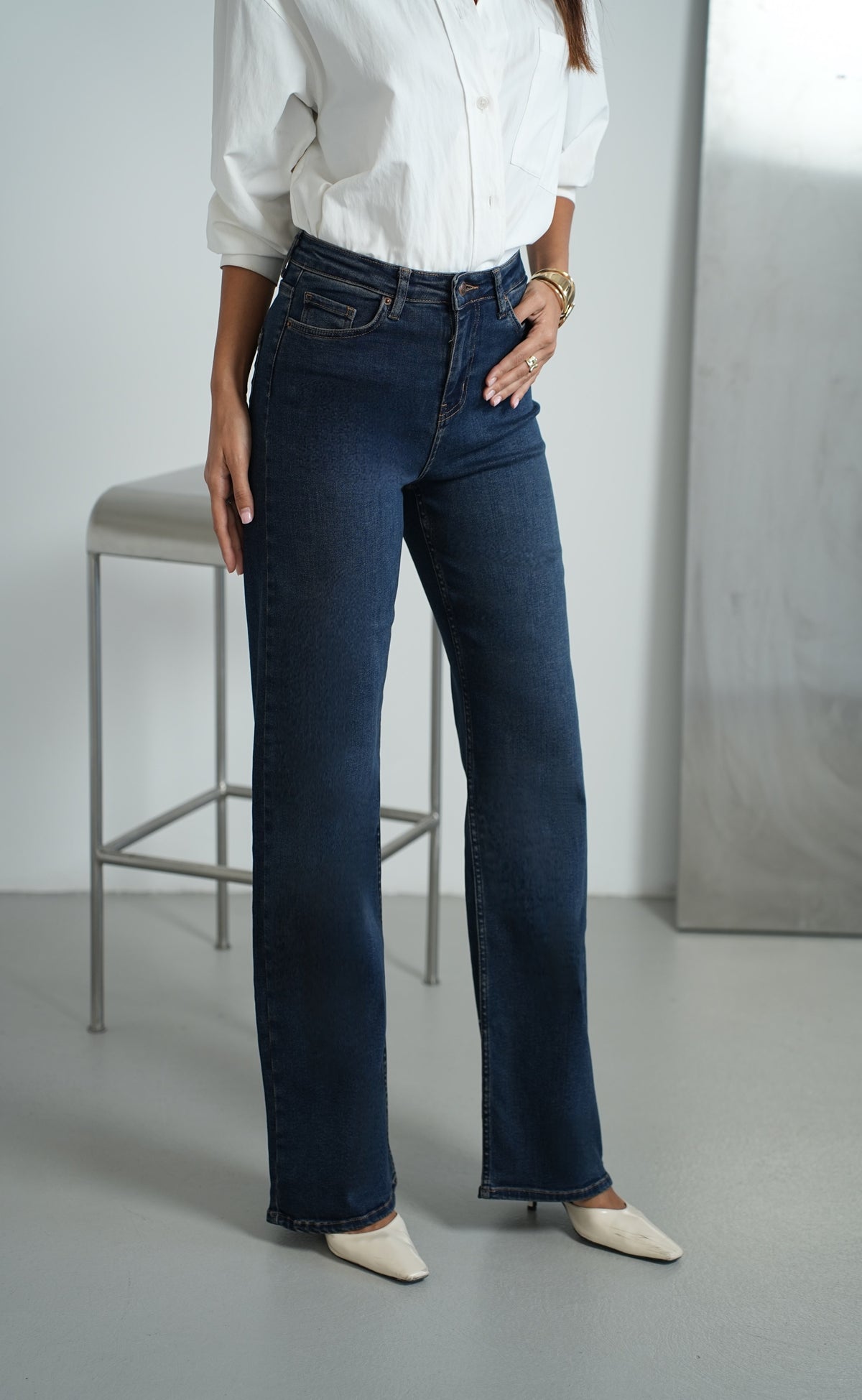Yüksek Bel bol Paça  Dark Blue Tint Jean Pantolon