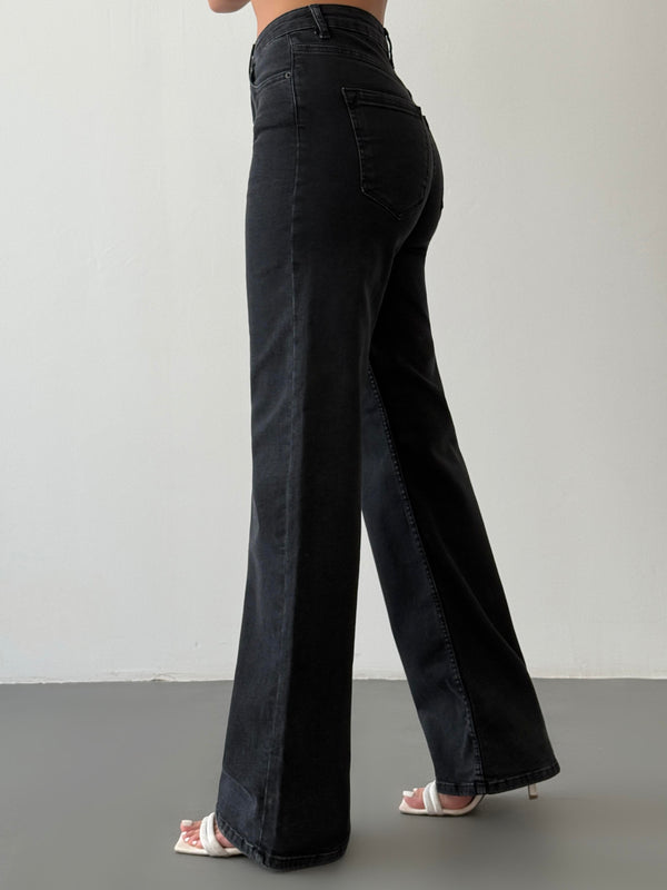 Yüksek Bel Bol Paça Füme Jean Pantolon