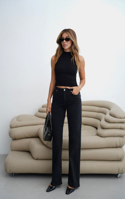 Yüksek Bel Yan Taş Detaylı Nıta Kalıp Black Black Jean Pantolon