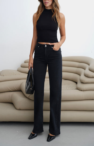 Yüksek Bel Yan Taş Detaylı Nıta Kalıp Black Black Jean Pantolon