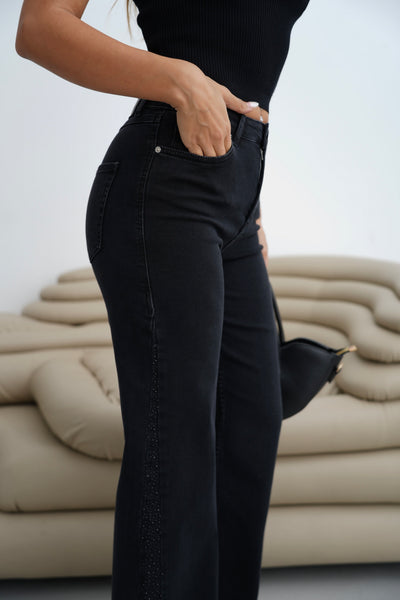 Yüksek Bel Yan Taş Detaylı Nıta Kalıp Black Black Jean Pantolon