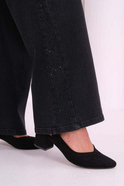 High Waist Straight Leg Plus Size Black Rhinestone Embellished Jeans