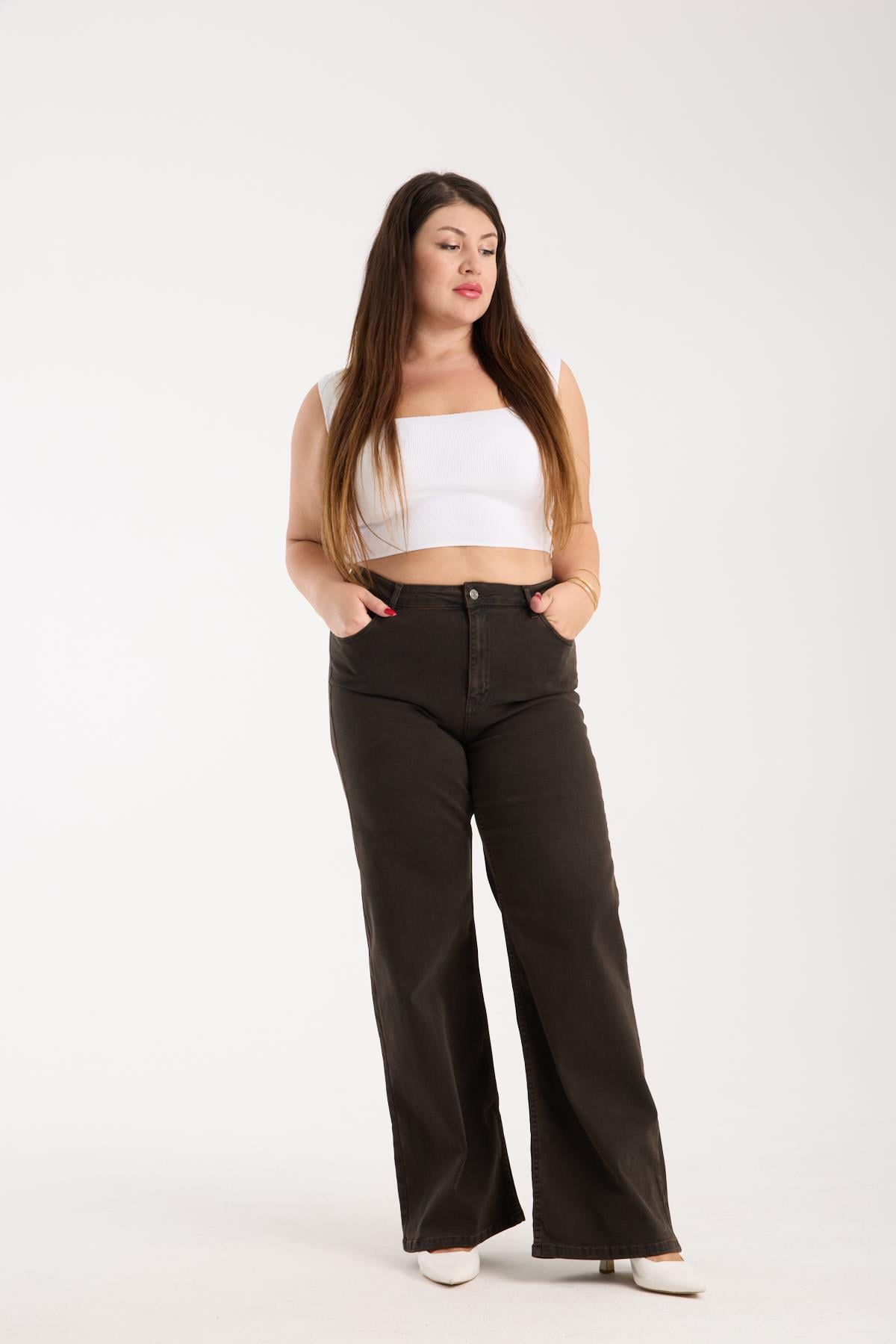 Pantalon Jean Maro Închis Talie Înaltă Semi-Cărări Spaniole