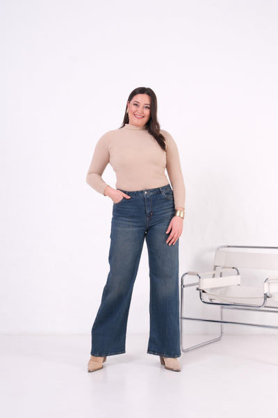 Pantaloni de blugi evazați cu talie înaltă, croială largă, nuanță cafea
