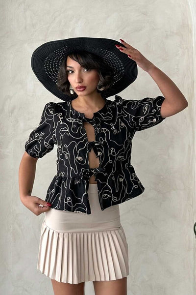 Wholesale Embroidered Tie-Front Blouse - Black | Topshow