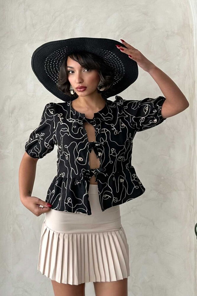 Wholesale Embroidered Tie-Front Blouse - Black | Topshow