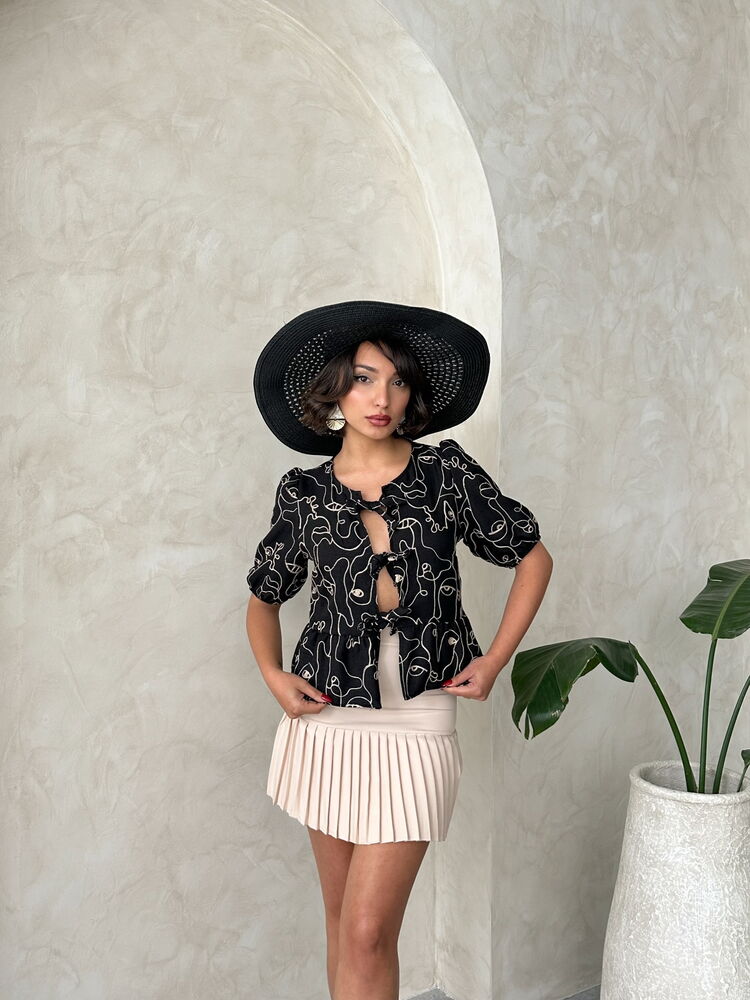 Wholesale Embroidered Tie-Front Blouse - Black | Topshow