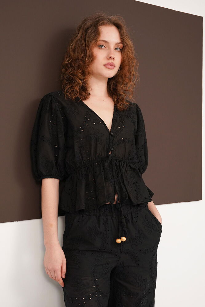 Embroidered Voile Blouse with Front Tie - Black | D2820 - Topshow