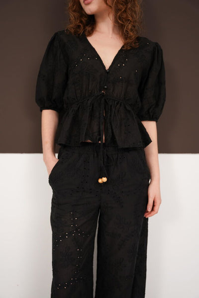 Embroidered Voile Blouse with Front Tie - Black | D2820 - Topshow