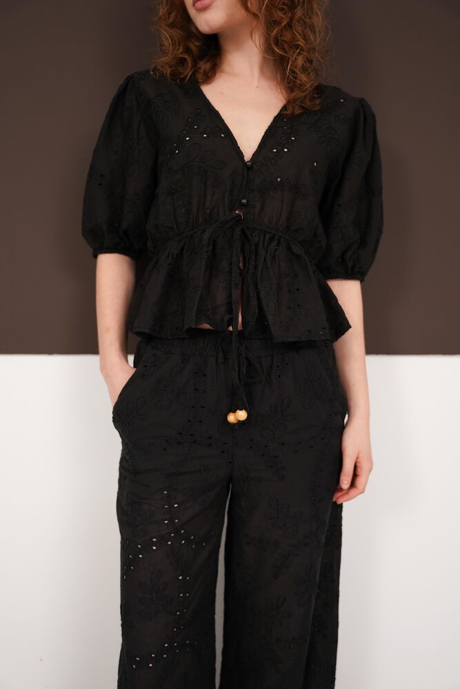 Embroidered Voile Blouse with Front Tie - Black | D2820 - Topshow