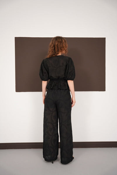 Embroidered Voile Blouse with Front Tie - Black | D2820 - Topshow