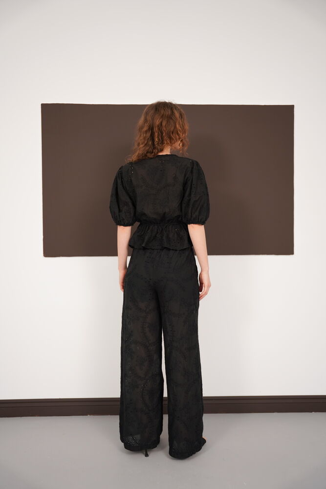 Embroidered Voile Blouse with Front Tie - Black | D2820 - Topshow