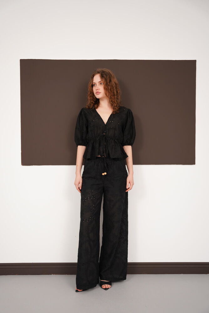Embroidered Voile Blouse with Front Tie - Black | D2820 - Topshow