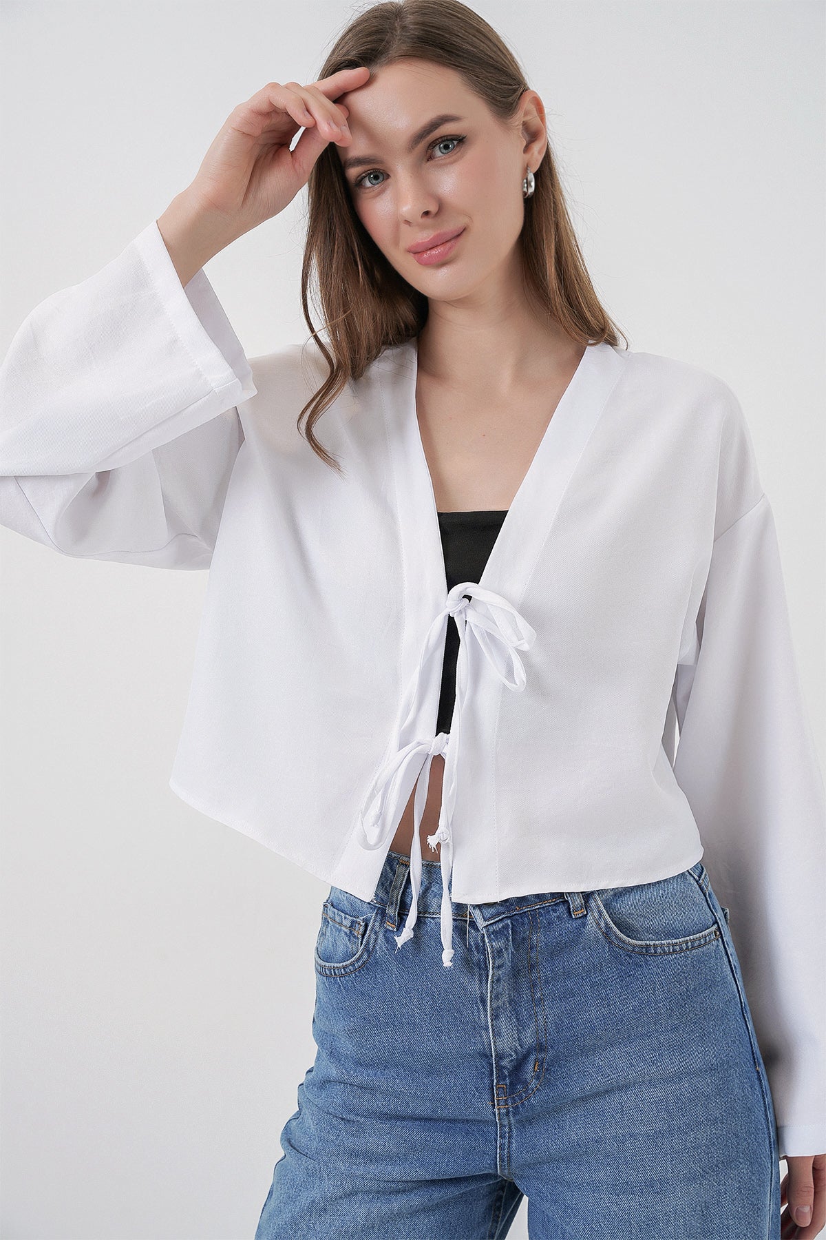 Önü Bağlamalı Keten Kimono 960 - Beyaz