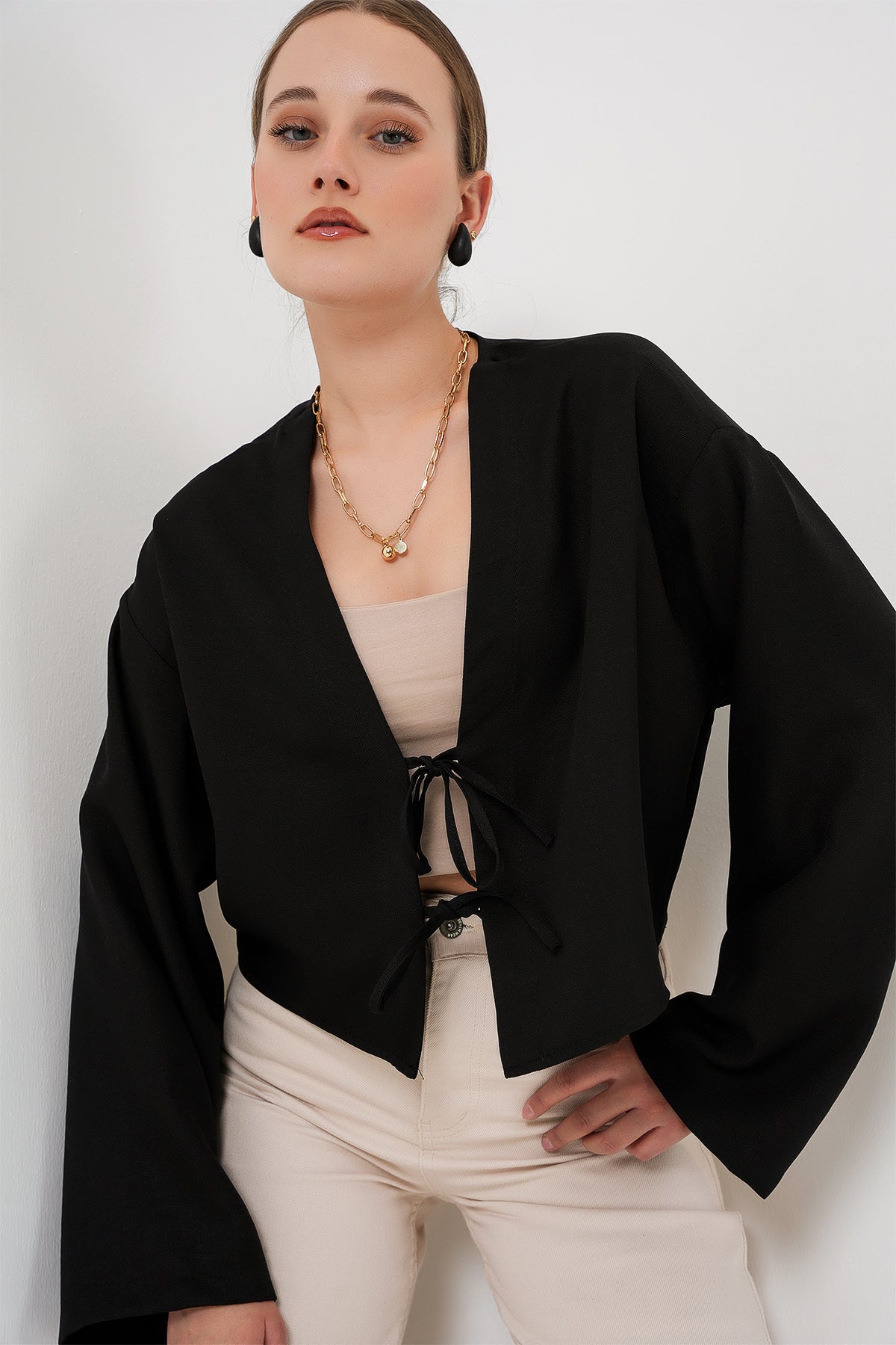 Kimono Linen Cu Legare Frontală 960 - Negru
