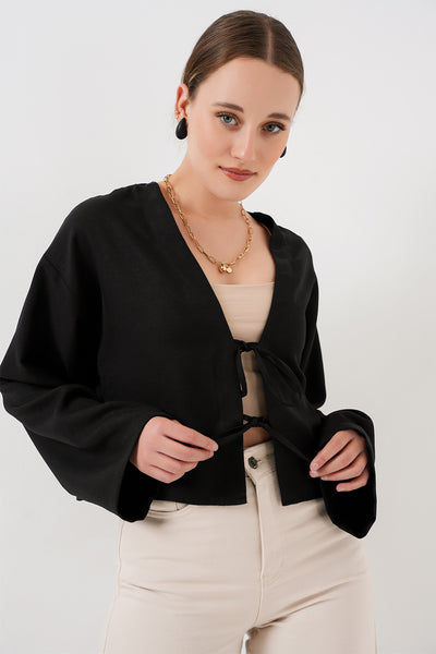 Kimono Linen Cu Legare Frontală 960 - Negru