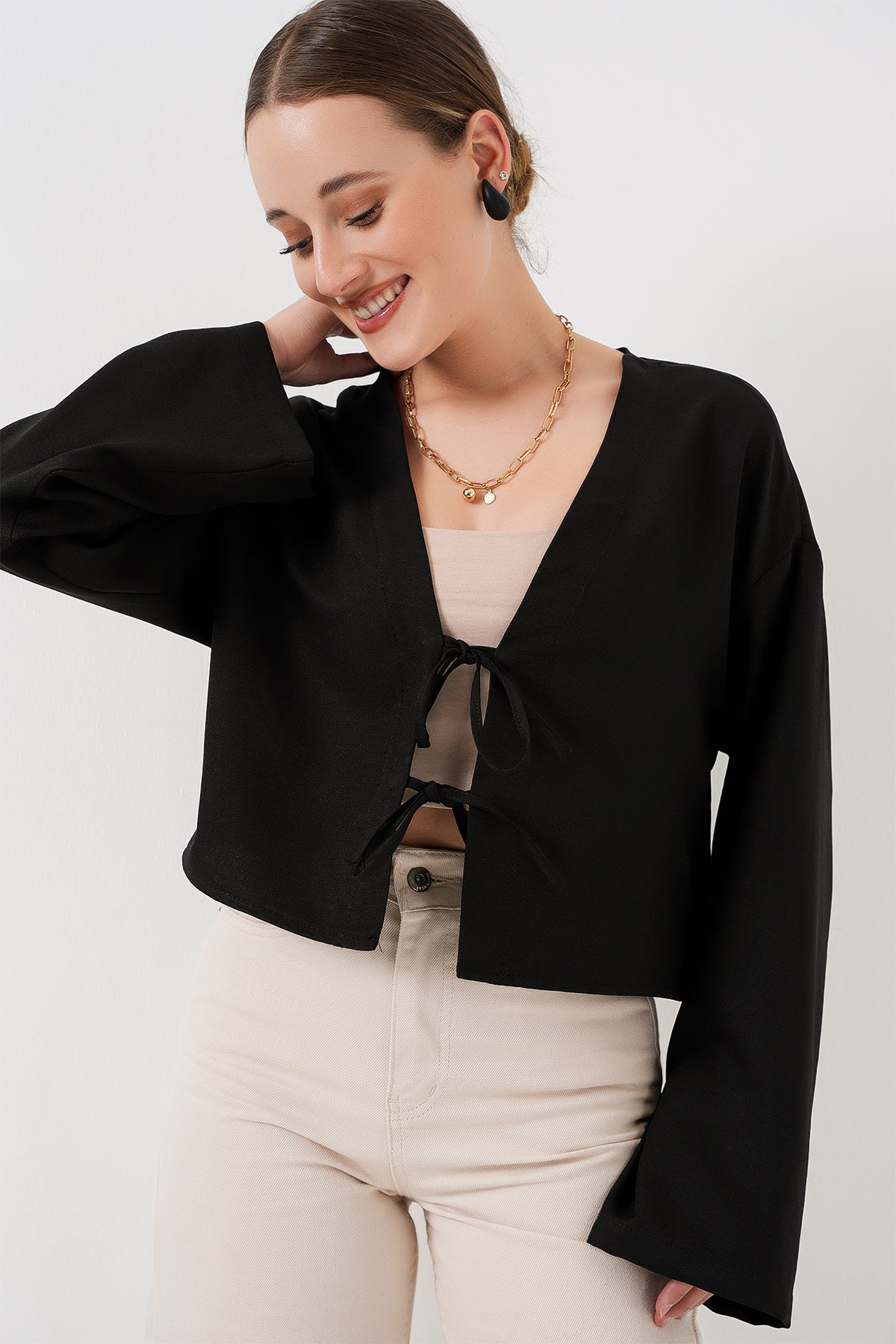 Kimono Linen Cu Legare Frontală 960 - Negru