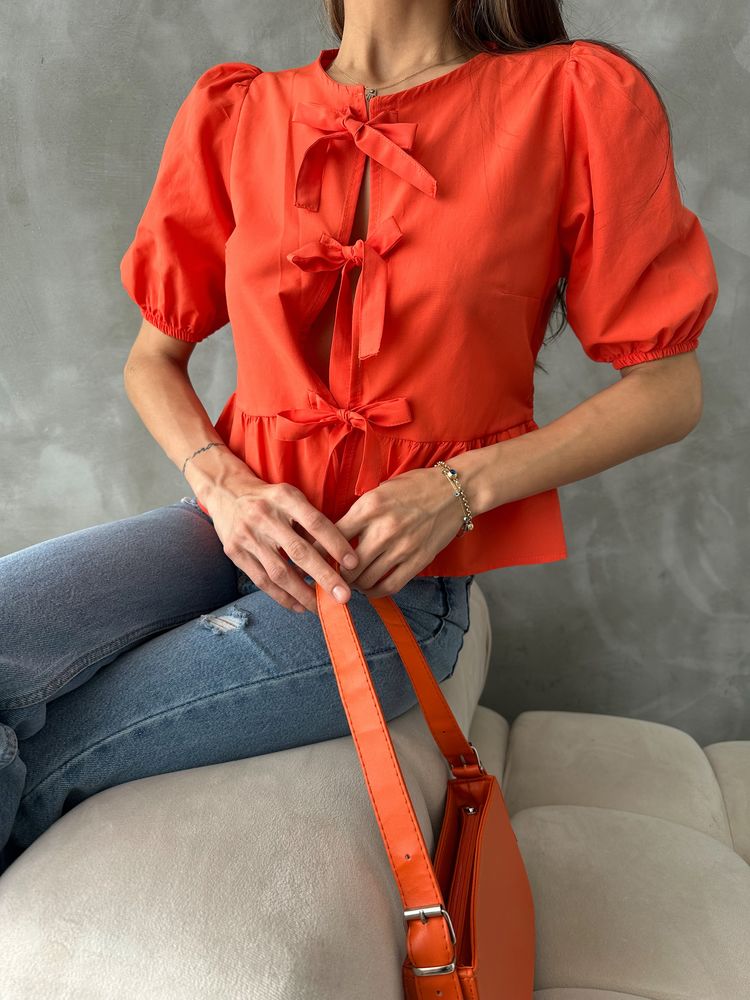 Topshow Orange Front-Tie Poplin Wholesale Blouse