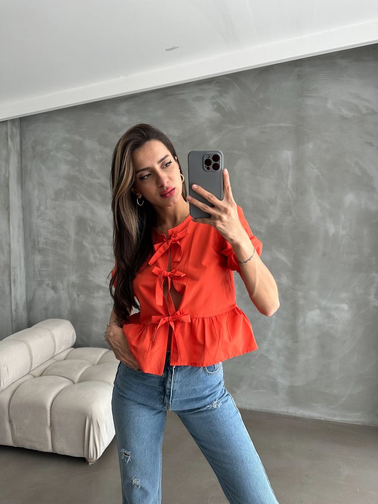 Topshow Orange Front-Tie Poplin Wholesale Blouse
