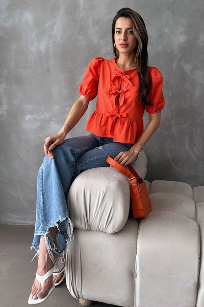 Topshow Orange Front-Tie Poplin Wholesale Blouse