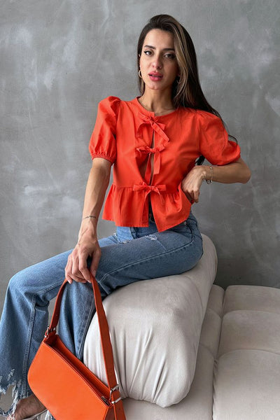 Topshow Orange Front-Tie Poplin Wholesale Blouse