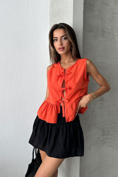 Topshow Orange Front Tie Wholesale Blouse